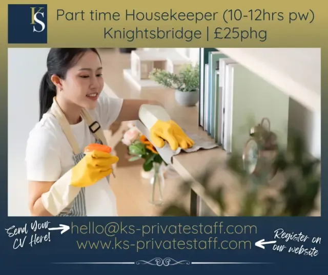 ⭐ ️Part time Housekeeper (10-12hrs pw)
⭐ ️Knightsbridge
⭐ ️£25phgAn experienced, detail-oriented Housekeeper is sought for a prestigious private residence in Knightsbridge, working 10–12 hours per week for principals who are in part-time residence.The successful candidate will be highly reliable, switched-on and proactive, with previous experience working in ultra-high-net-worth private homes. Duties will include meticulous housekeeping of a high-end property with marble and delicate finishes, managing deliveries, occasional silver polishing and patio cleaning. Laundry is minimal as linens are sent out, and a gardener is employed.Schedule: Ideally Mondays & Thursdays or Tuesday & Friday, 9am–2pm or 10am-3pm.Salary: Around £25 gross per hour, negotiable, plus two weeks’ holiday pay.Start: As soon as the ideal candidate is found. Interviews now.Find out more about this opportunity (and others) by following the link in our bio, or copy this link:
https://linktr.ee/katherineshieldsprivatestaff/#HousekeeperJobs
#HouseholdManagement
#DomesticStaff
#PrivateStaff
#PrivateHouseholdStaff
#LondonJobs